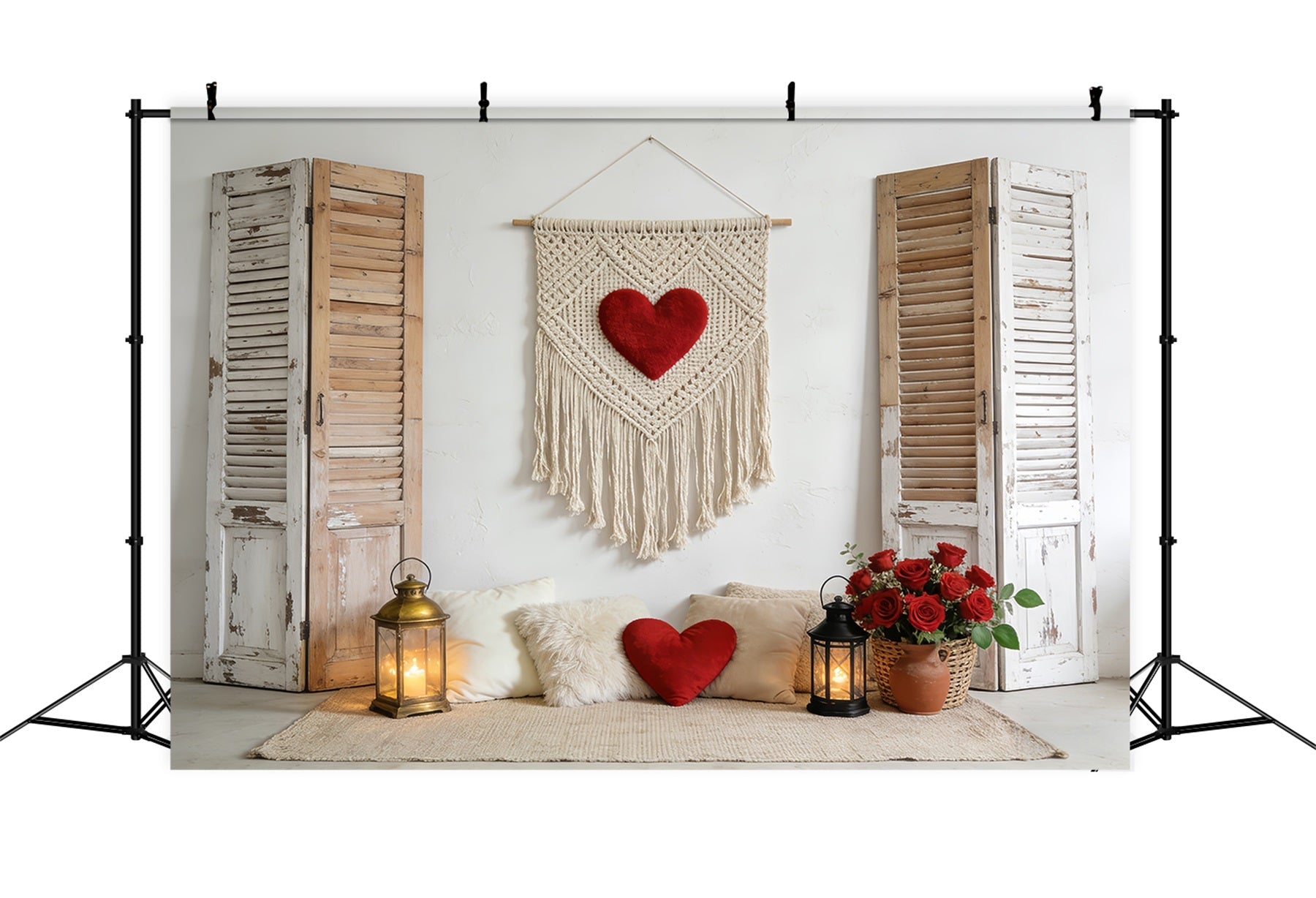 Toiles de fond Love Volets rustiques Cœur en macramé Toile de fond bohème florale pour la Saint-Valentin LXX512-72