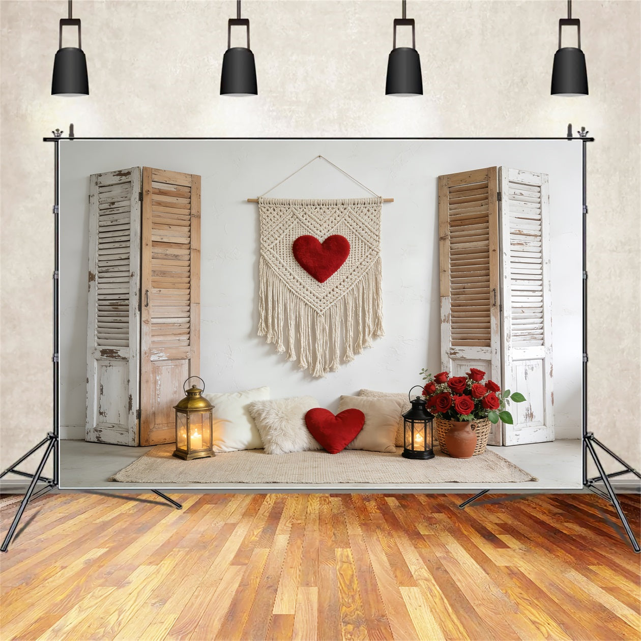 Toiles de fond Love Volets rustiques Cœur en macramé Toile de fond bohème florale pour la Saint-Valentin LXX512-72