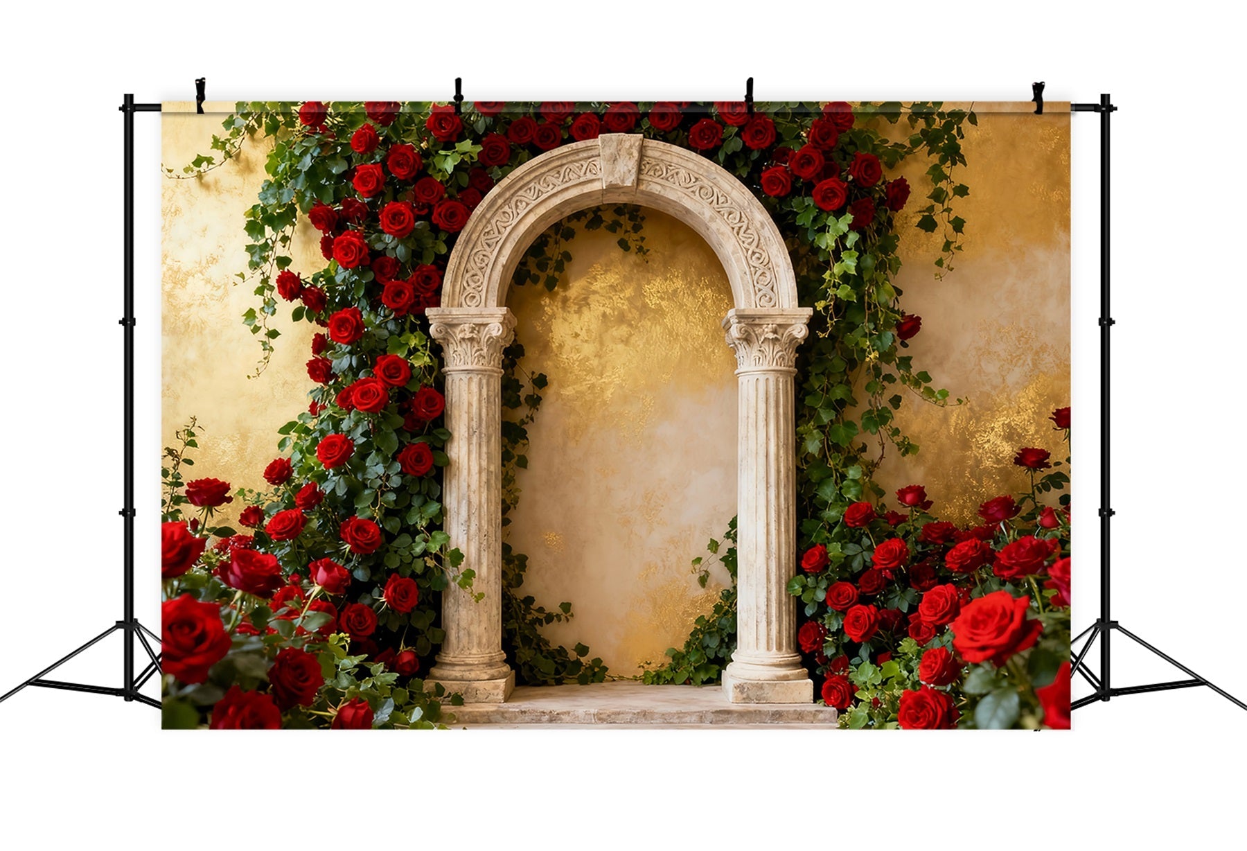Toile de fond pour la Saint-Valentin des années 90 Jardin classique Arche en pierre Toile de fond avec roses rouges LXX512-74