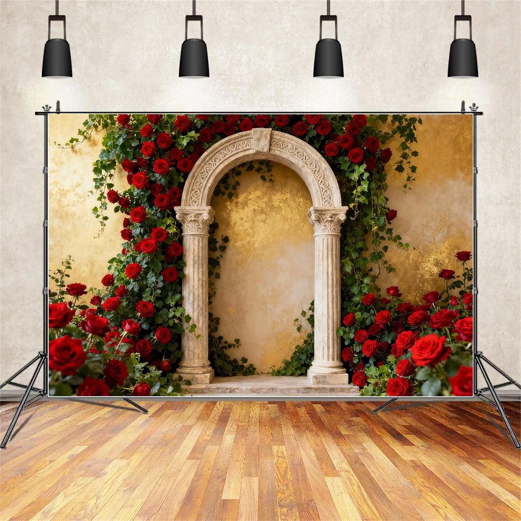 Toile de fond pour la Saint-Valentin des années 90 Jardin classique Arche en pierre Toile de fond avec roses rouges LXX512-74