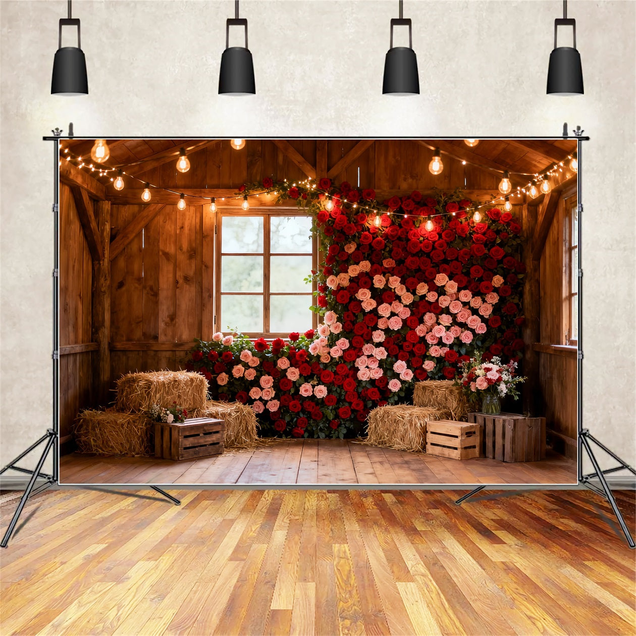 Fond mural avec roses rouges Fond rustique pour la Saint-Valentin avec grange et ferme LXX512-75