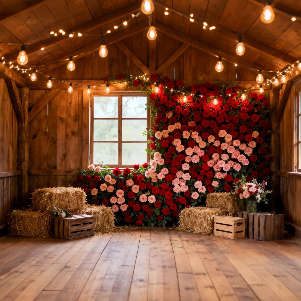 Fond mural avec roses rouges Fond rustique pour la Saint-Valentin avec grange et ferme LXX512-75