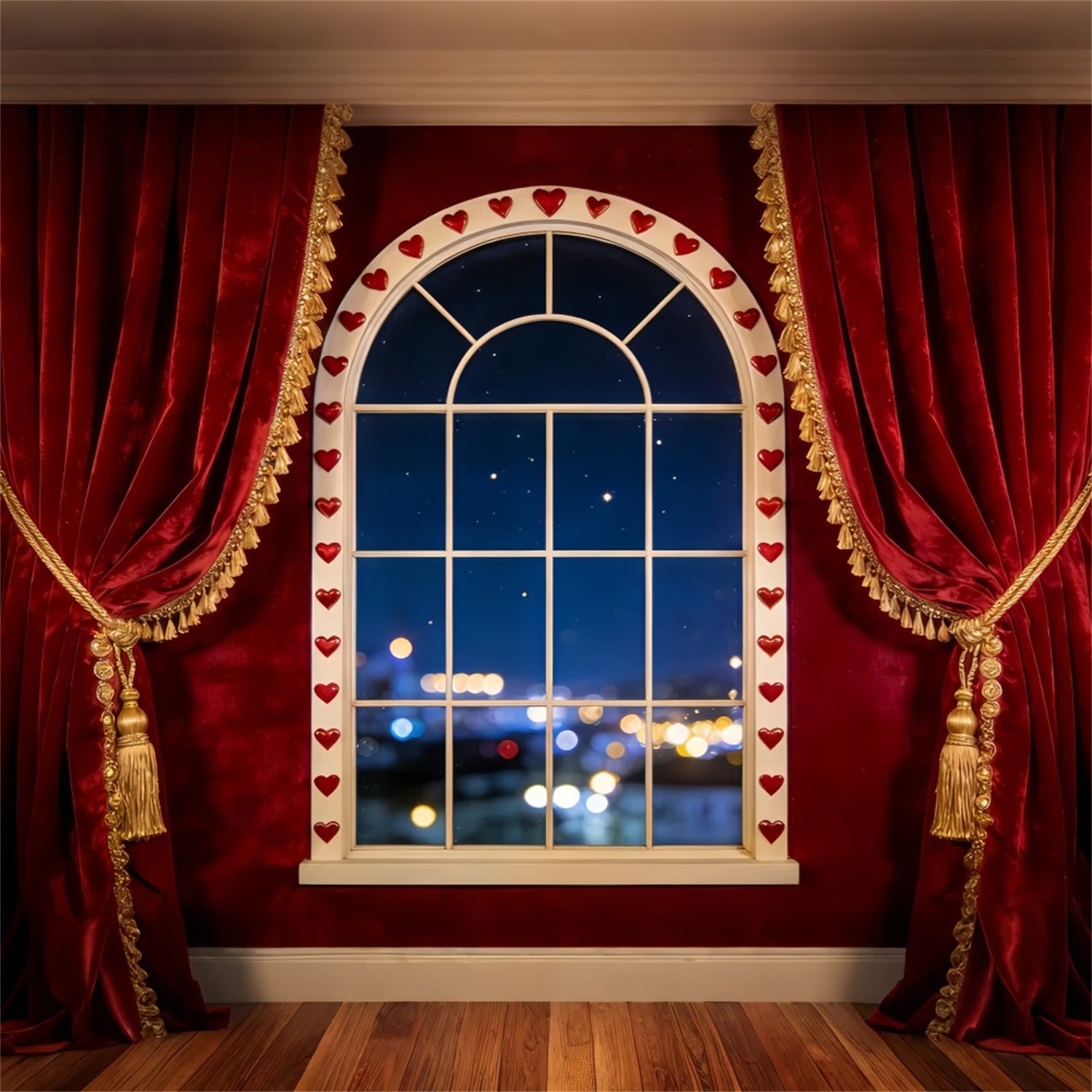 Fond Bokeh pour la Saint-Valentin Rideau en velours Fenêtre en forme de cœur Fonds romantiques LXX512-76