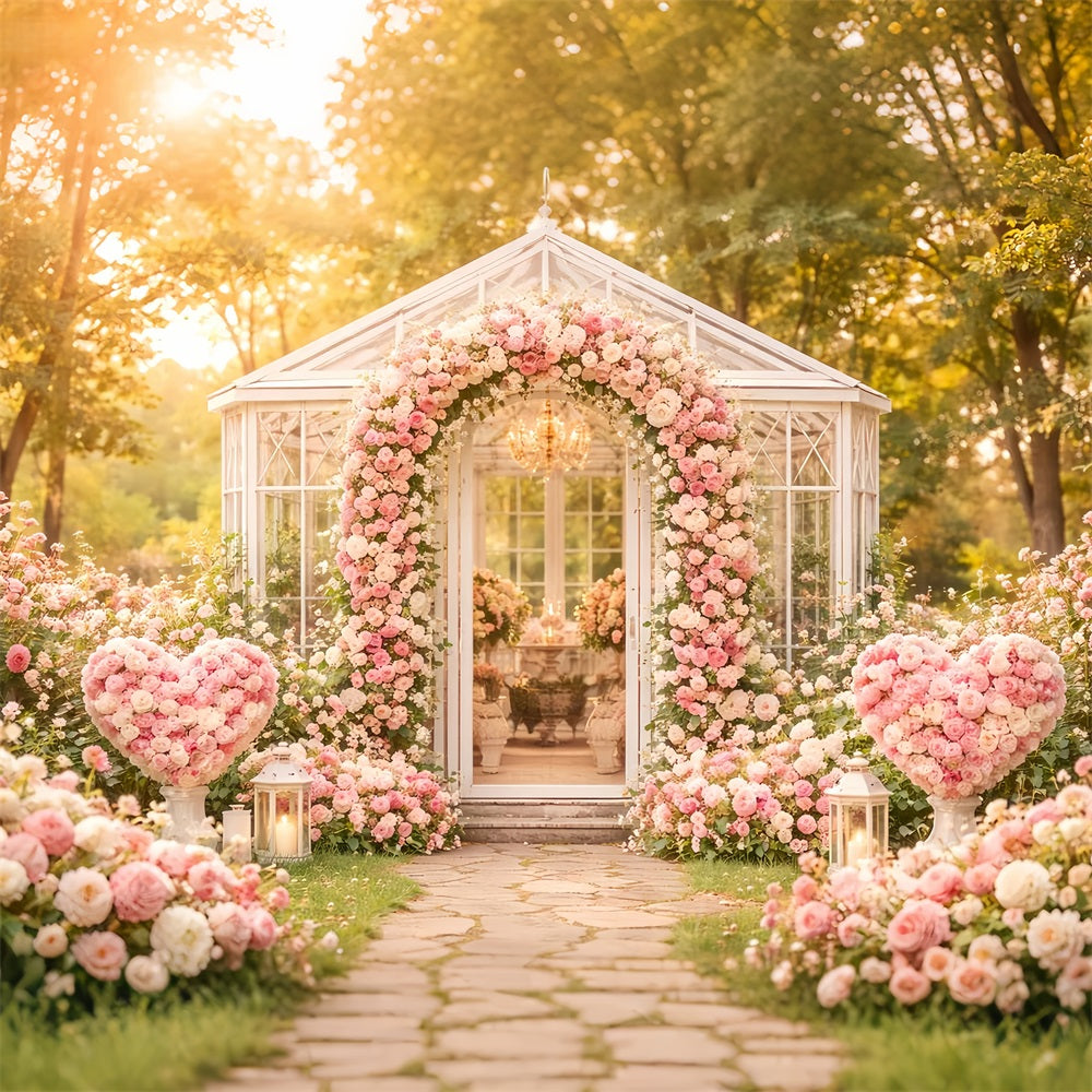Arche florale pour la Saint-Valentin Toile de fond Pavillon de jardin Roses roses Toiles de fond romantiques LXX512-77