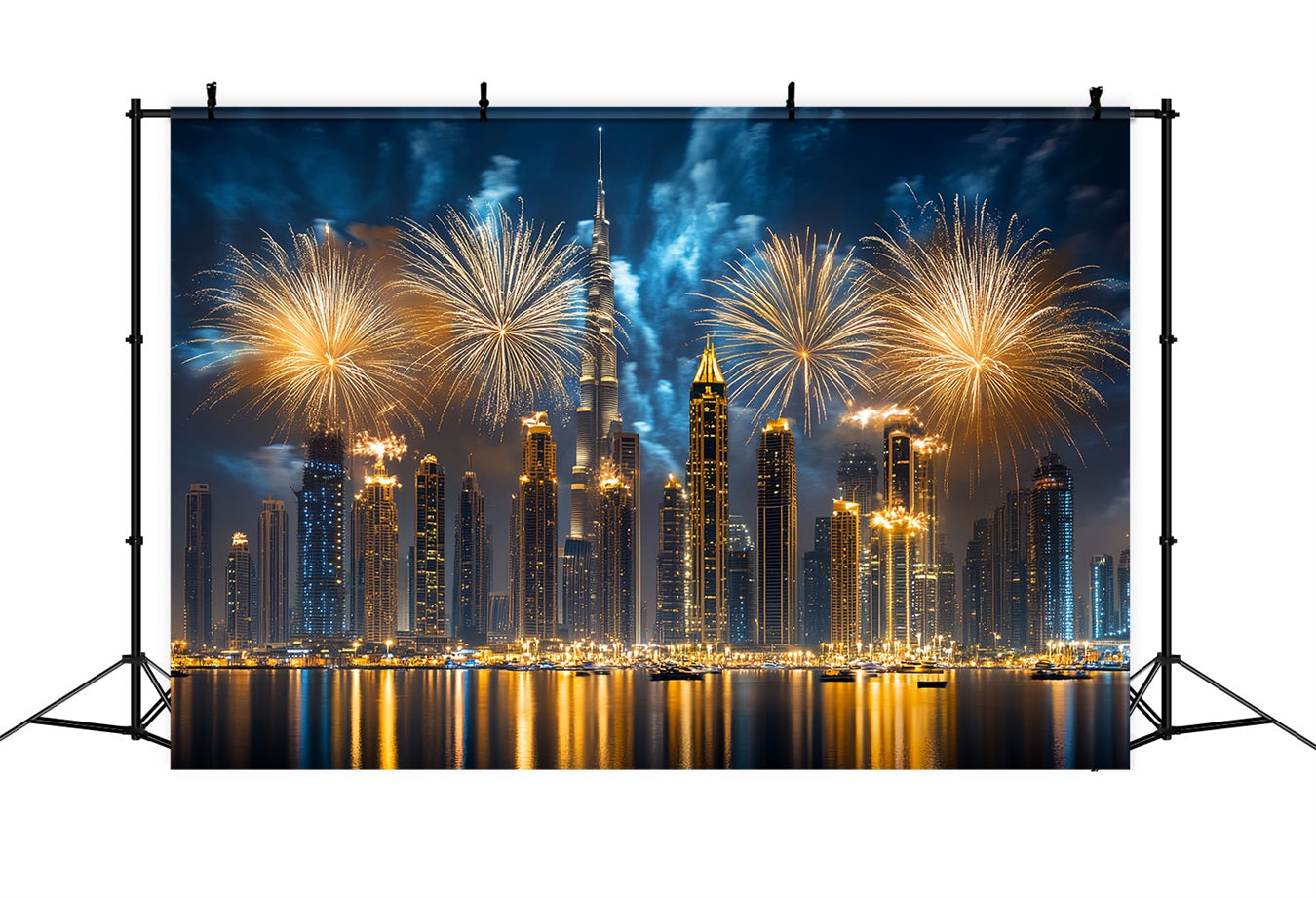 Idées de fonds pour le Nouvel An Feux d'artifice dorés Skyline de la ville Paysage urbain Fond photo LXX512-8