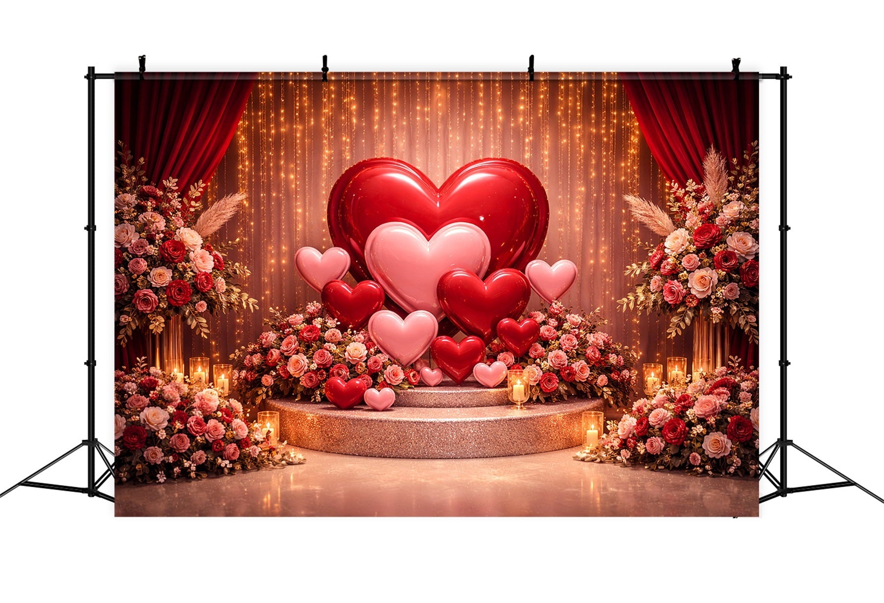 Toile de fond avec cœurs Rideau doré Ballons Scène Boho Floral Toile de fond Saint-Valentin LXX512-82