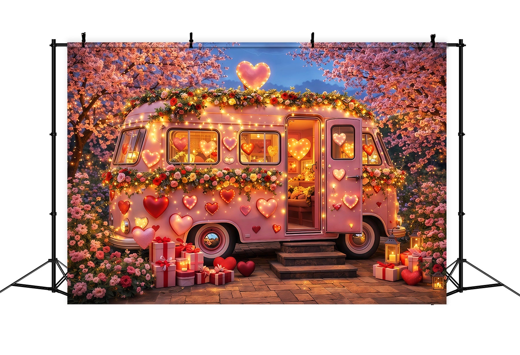 Toile de fond avec cœurs roses Camper Fleurs Néons Toiles de fond romantiques LXX512-83