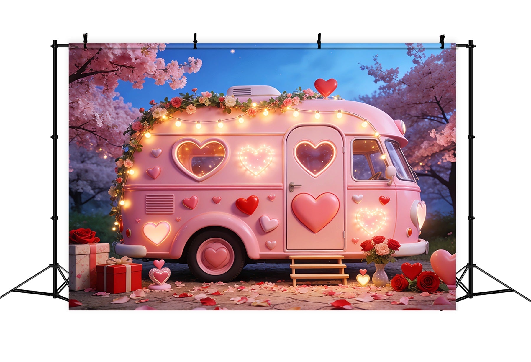 Toiles de fond romantiques Camper Lumières Boîtes-cadeaux Toile de fond avec cœurs roses LXX512-84
