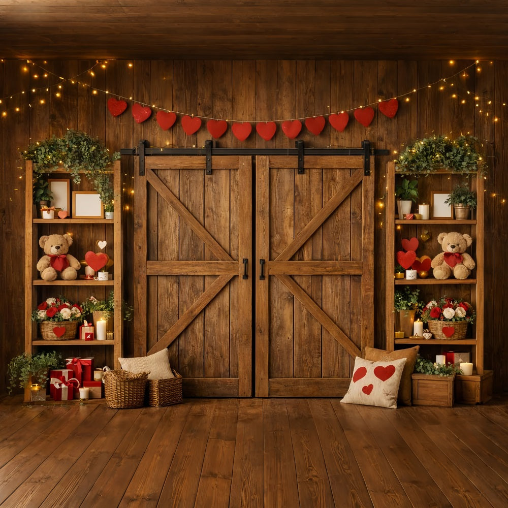 Fond guirlande de cœurs Porte de grange en bois Ours en peluche Fond Saint-Valentin LXX512-89