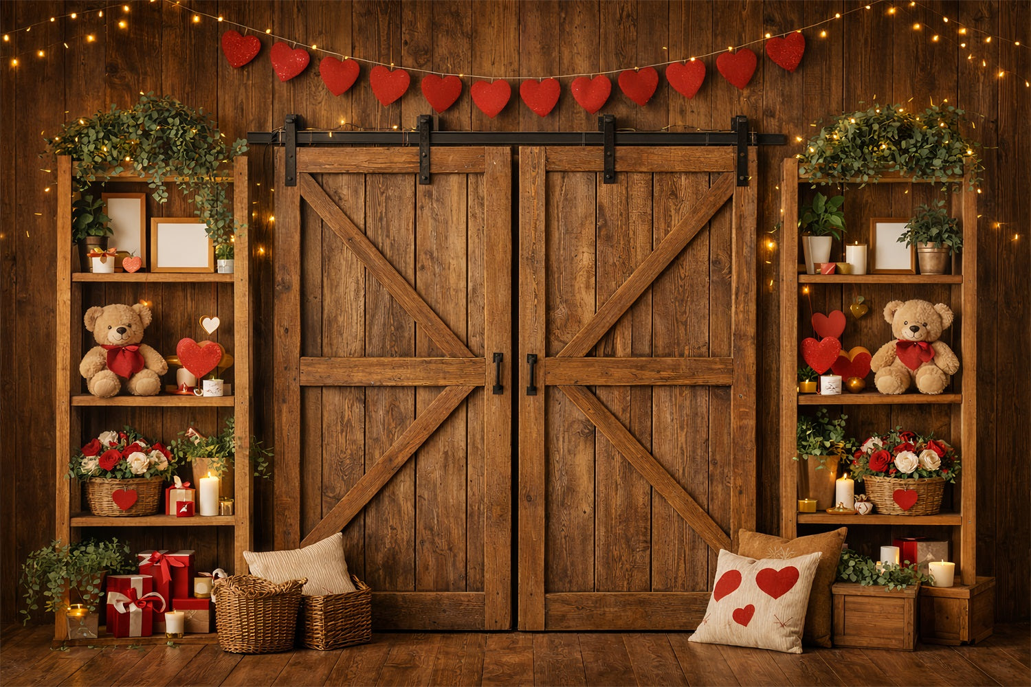 Fond guirlande de cœurs Porte de grange en bois Ours en peluche Fond Saint-Valentin LXX512-89