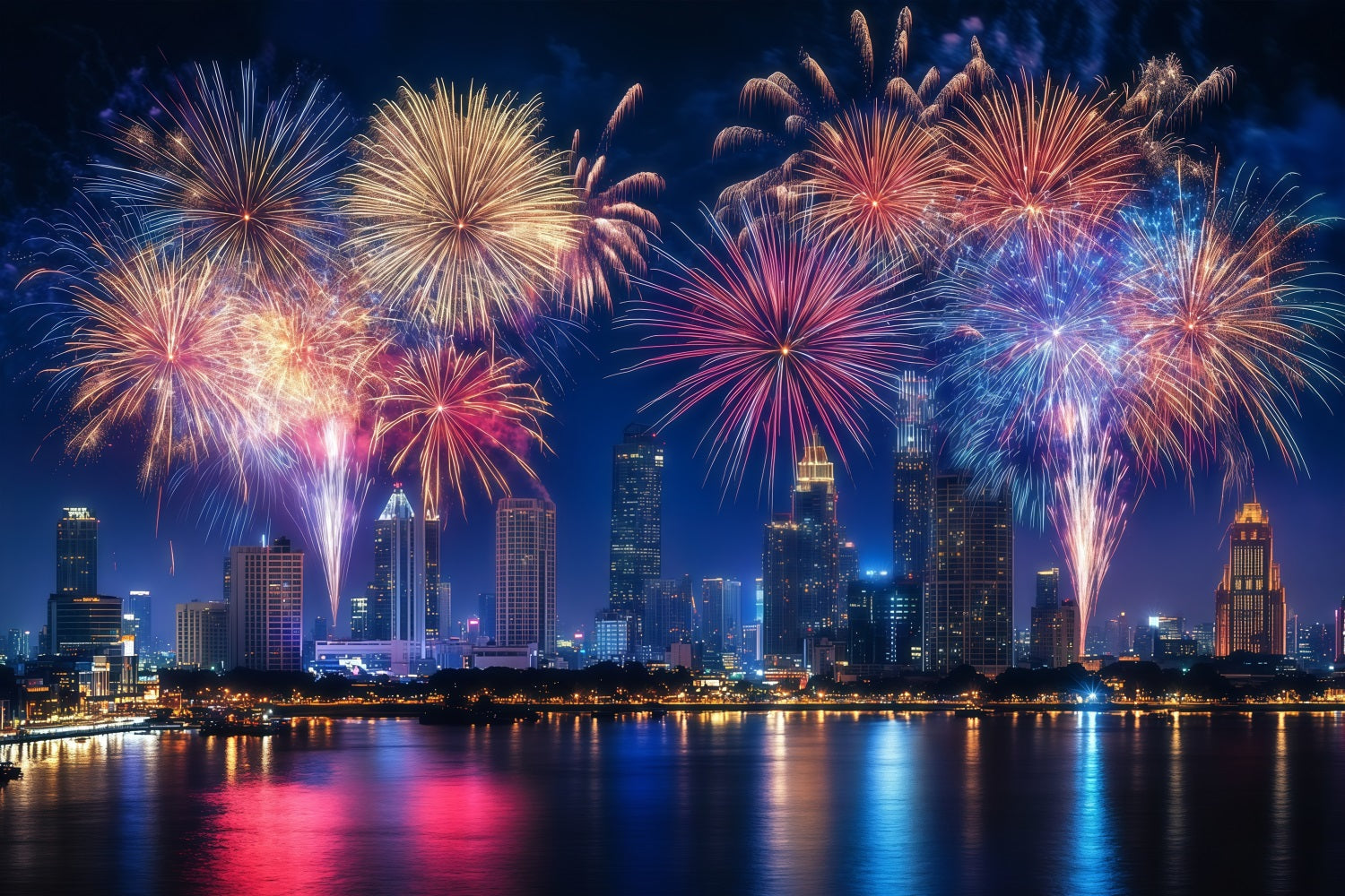 Fond photo pour le Nouvel An Feux d'artifice colorés Paysage urbain Fond nocturne de la ville LXX512-9