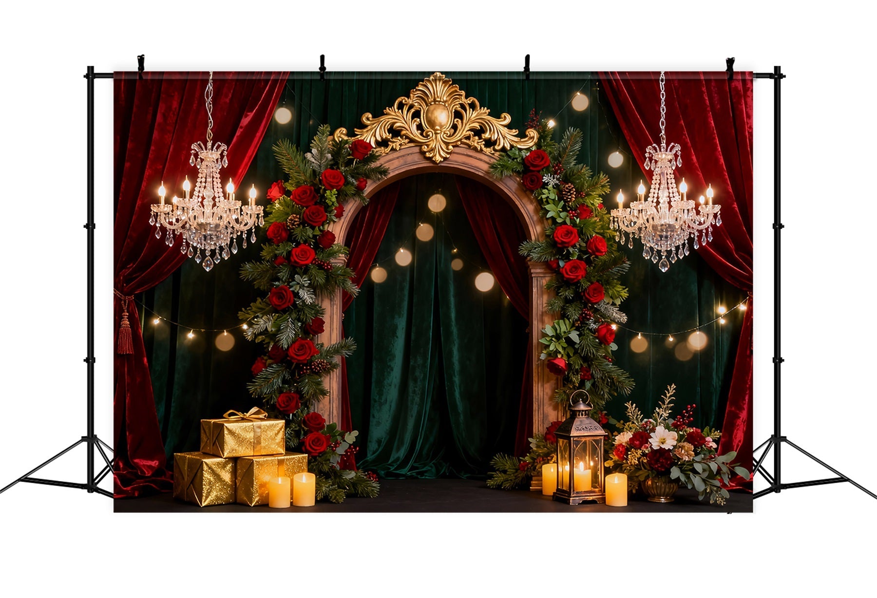 Toile de fond romantique Arche florale opulente Boîte cadeau élégante Toile de fond pour la Saint-Valentin LXX512-94
