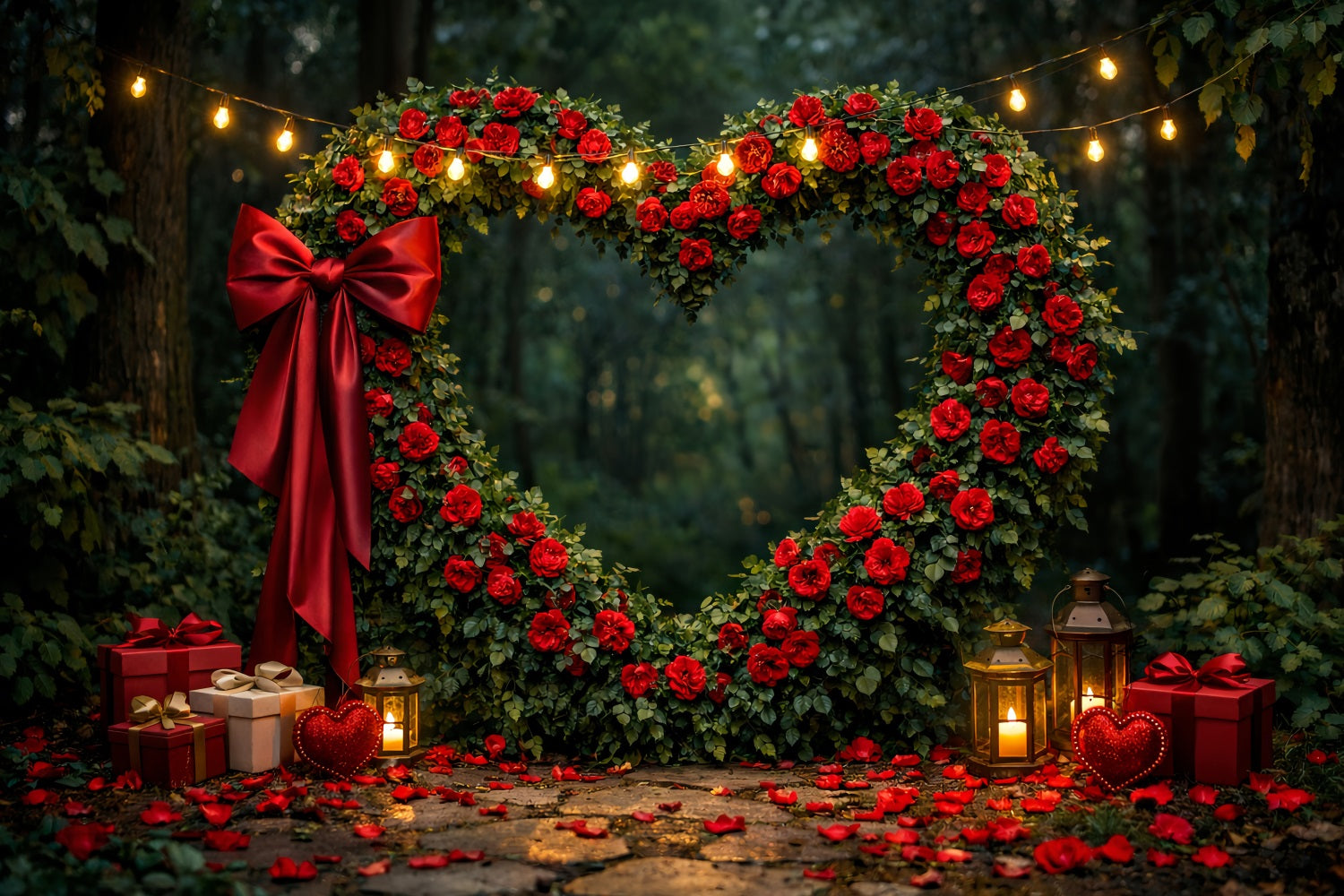 Fond cœur de roses rouges Arche florale Forêt Boîte cadeau Fond Saint-Valentin LXX512-96