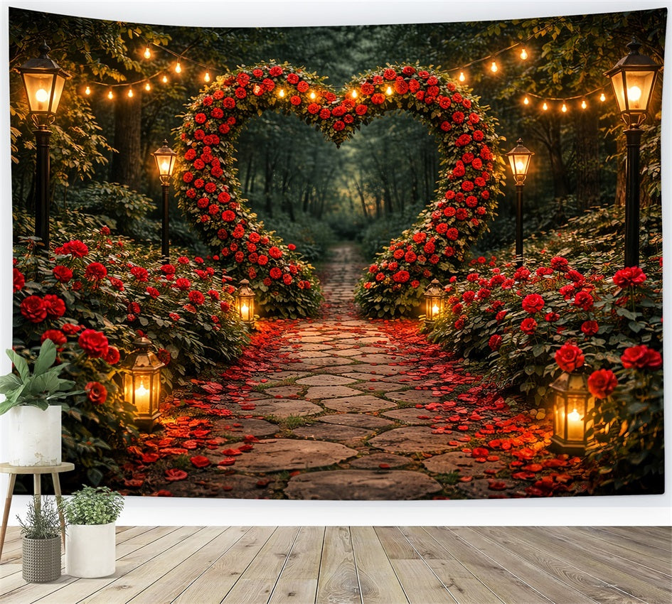 Fond de roses rouges Lanterne de jardin Chemin du cœur Arche florale Fond Saint-Valentin LXX512-97