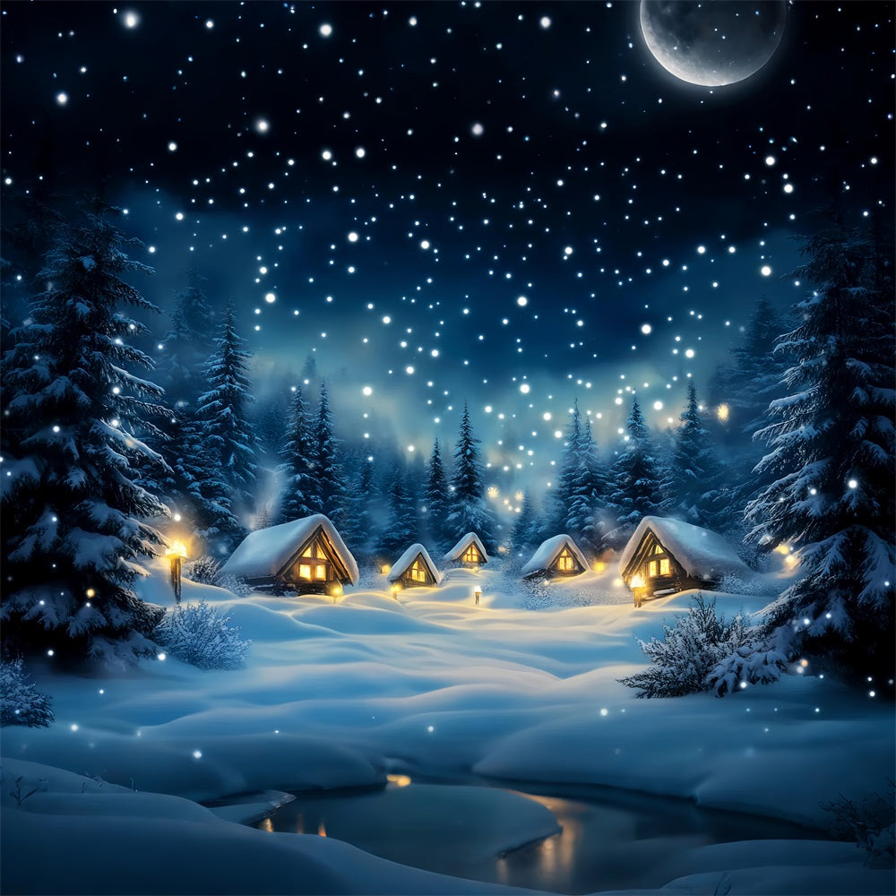 Toile de fond Hiver Cabane Enneigée Forêt Nocturne LXX58-216