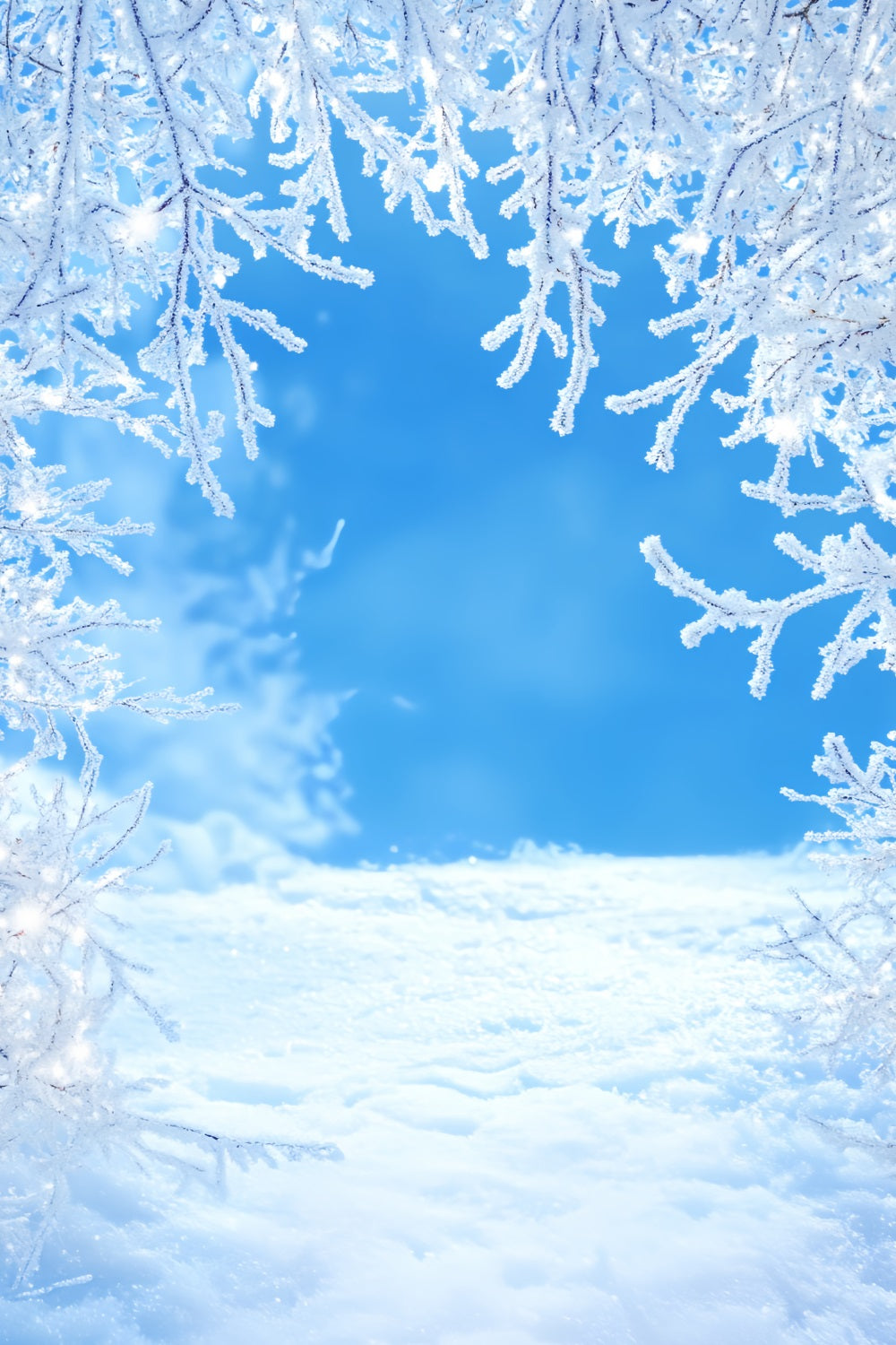 Toile de fond Hiver Branches Givrées Ciel Bleu Neige d’Hiver LXX58-217