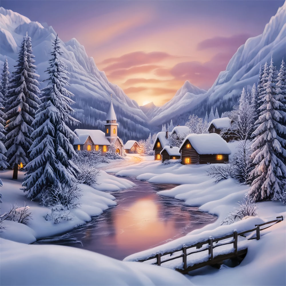 Toile de fond Hiver Village Alpin Neigeux au Coucher du Soleil LXX58-223