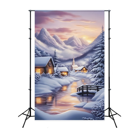Toile de fond Hiver Village Enneigé et Montagnes au Crépuscule LXX58-224