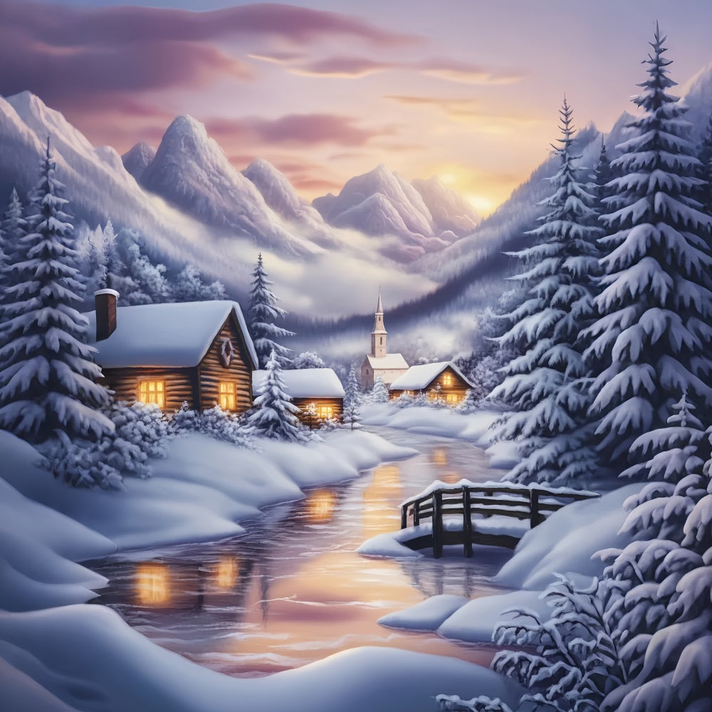Toile de fond Hiver Village Enneigé et Montagnes au Crépuscule LXX58-224
