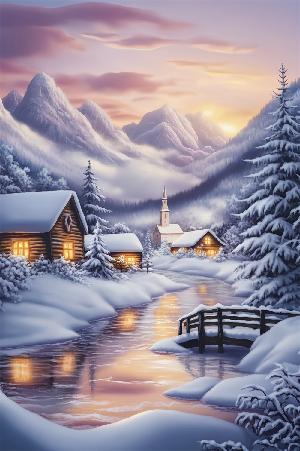 Toile de fond Hiver Village Enneigé et Montagnes au Crépuscule LXX58-224