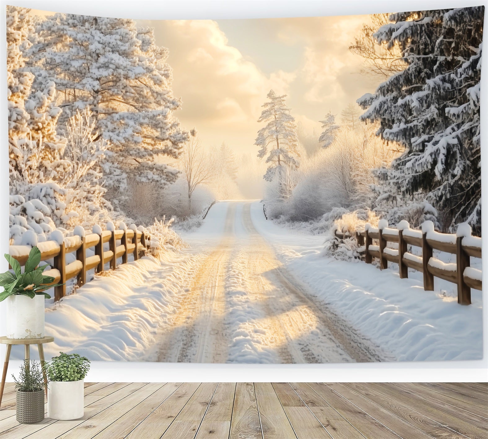 Toile de fond Hiver Lever de Soleil Doré Sentier Enneigé LXX58-232