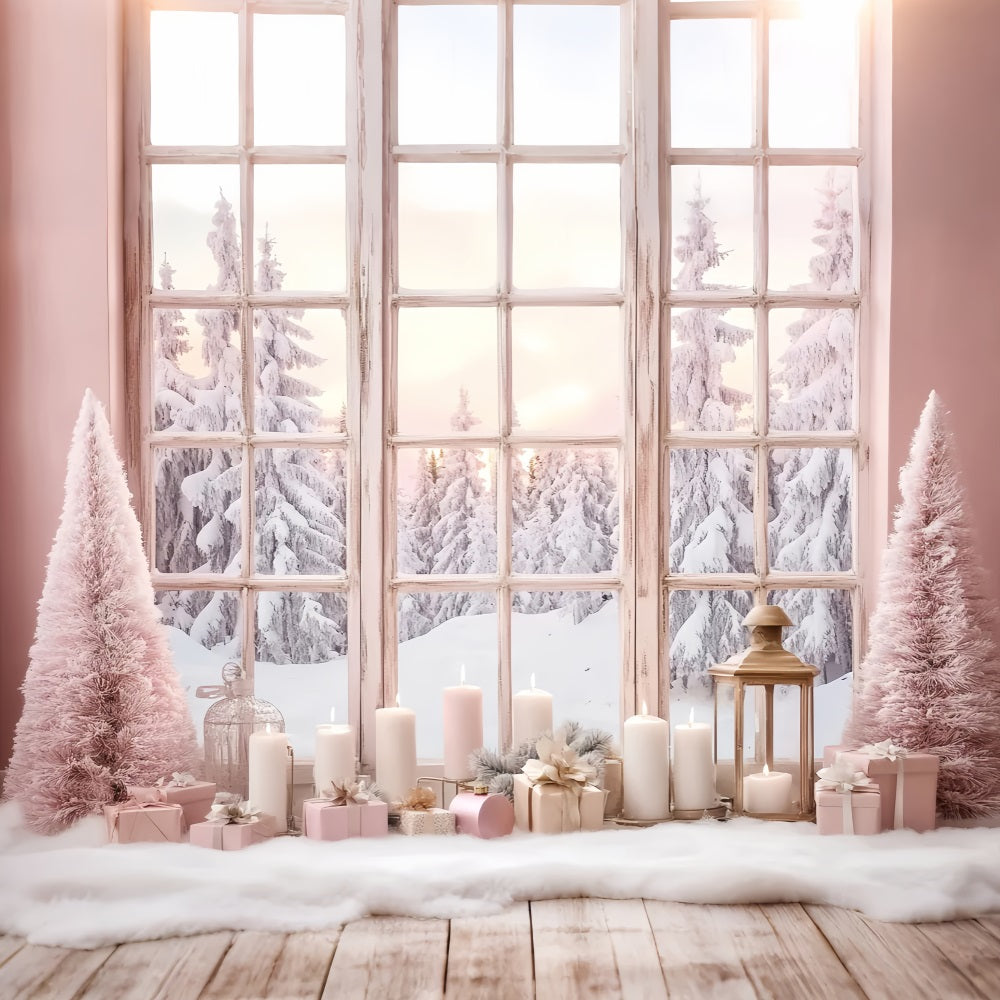 Toile de fond Hiver Fenêtre Givrée à la Lueur Rose des Bougies LXX58-234