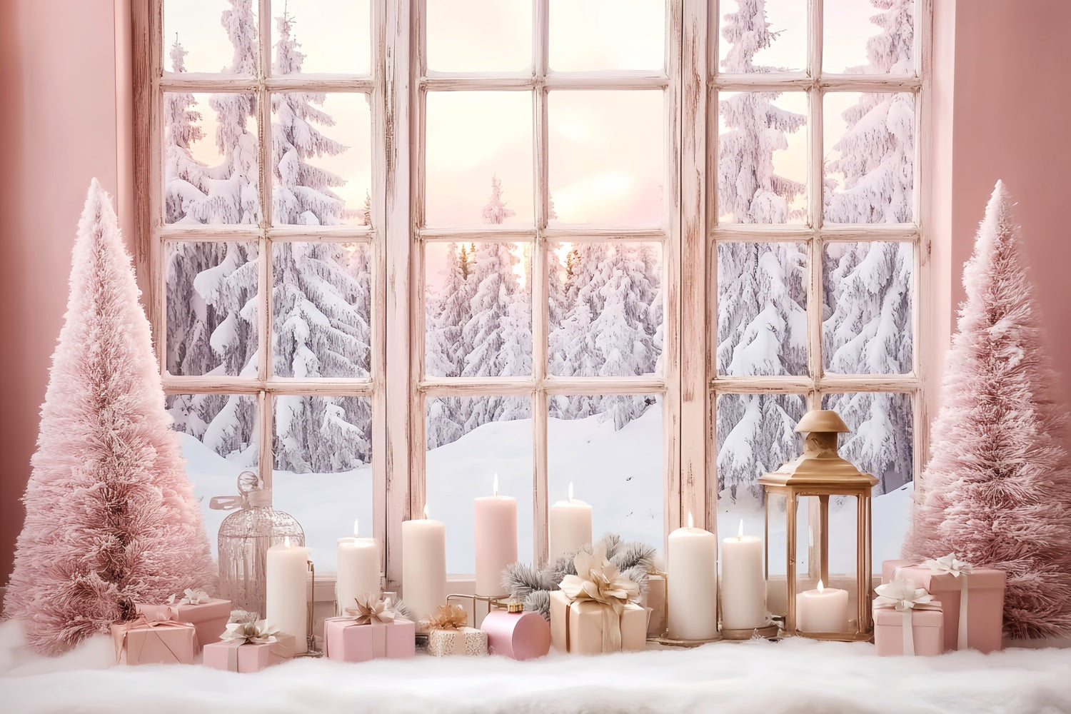 Toile de fond Hiver Fenêtre Givrée à la Lueur Rose des Bougies LXX58-234