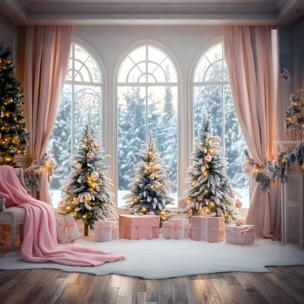 Toile de fond Hiver Cadeau Rose Sapins de Noël Givrés LXX58-236
