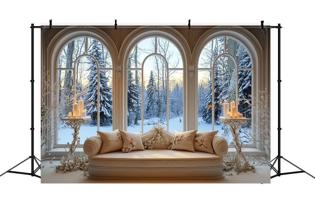 Toile de fond Hiver Fenêtre Enneigée Lueur Dorée des Bougies LXX58-237
