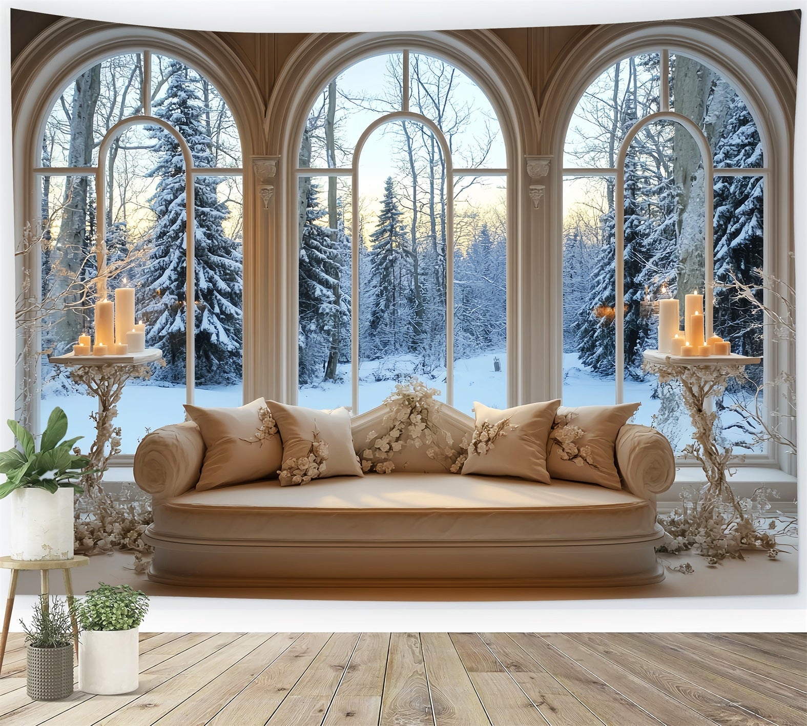 Toile de fond Hiver Fenêtre Enneigée Lueur Dorée des Bougies LXX58-237