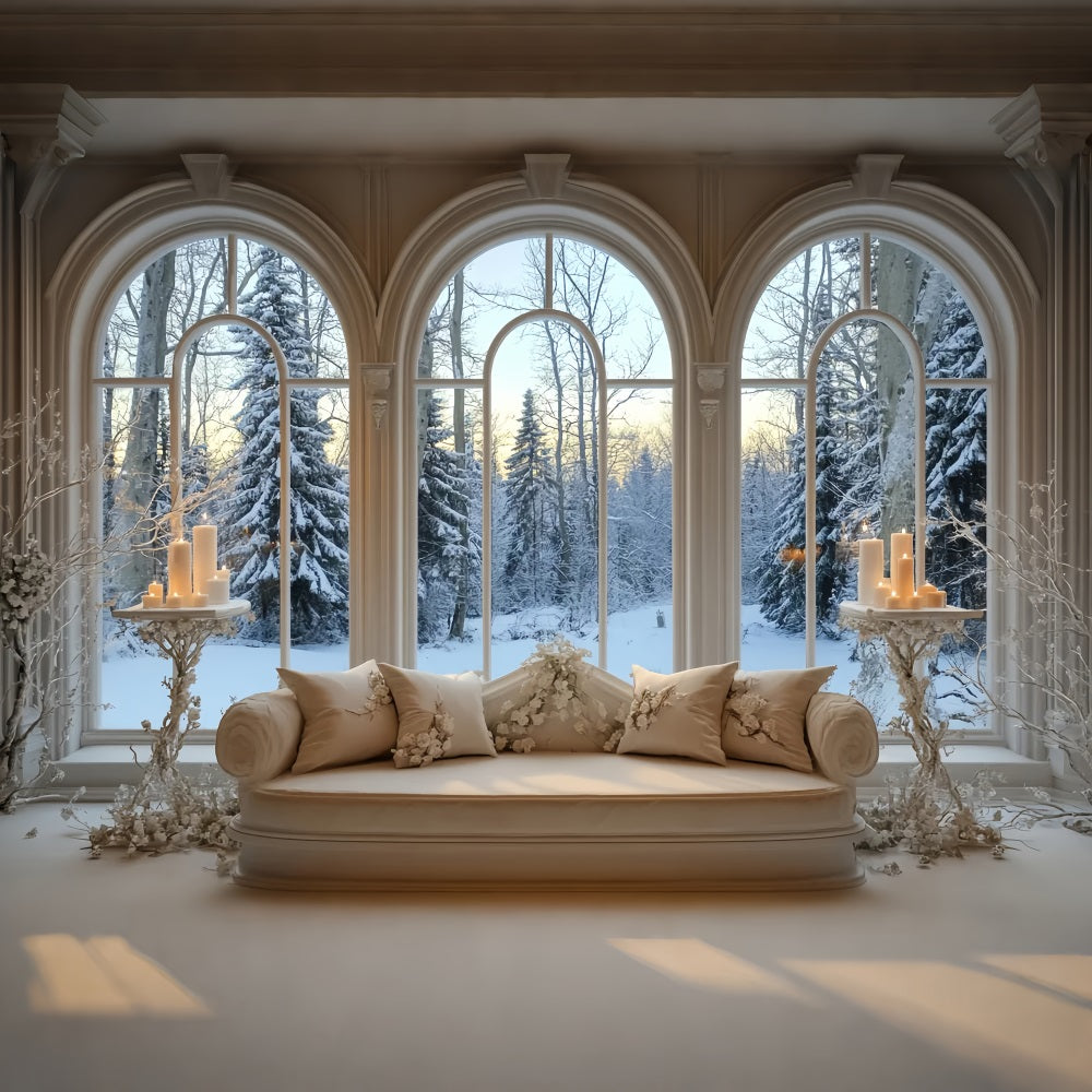 Toile de fond Hiver Fenêtre Enneigée Lueur Dorée des Bougies LXX58-237