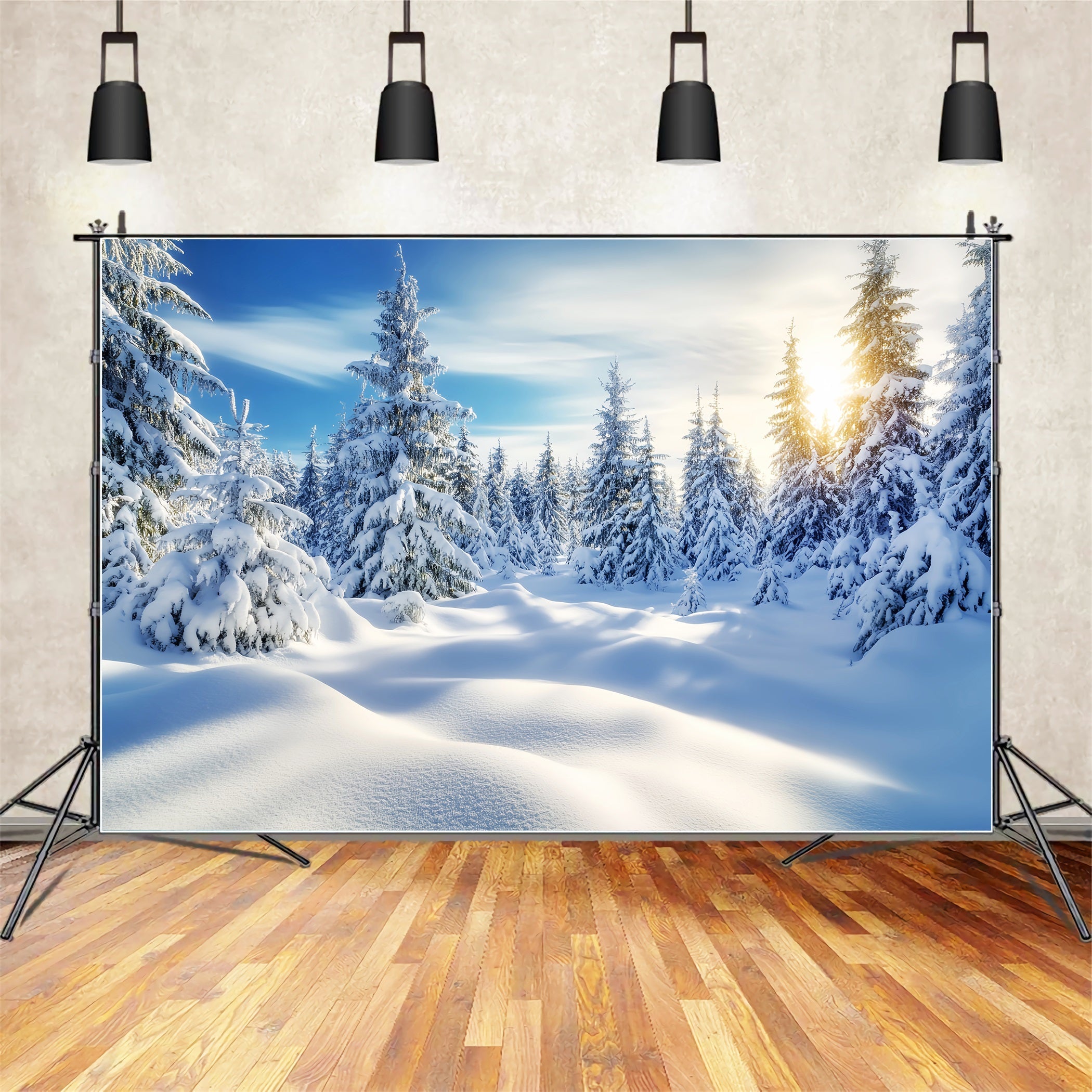 Toile de fond Hiver Lever de Soleil Doré Forêt Enneigée LXX58-239