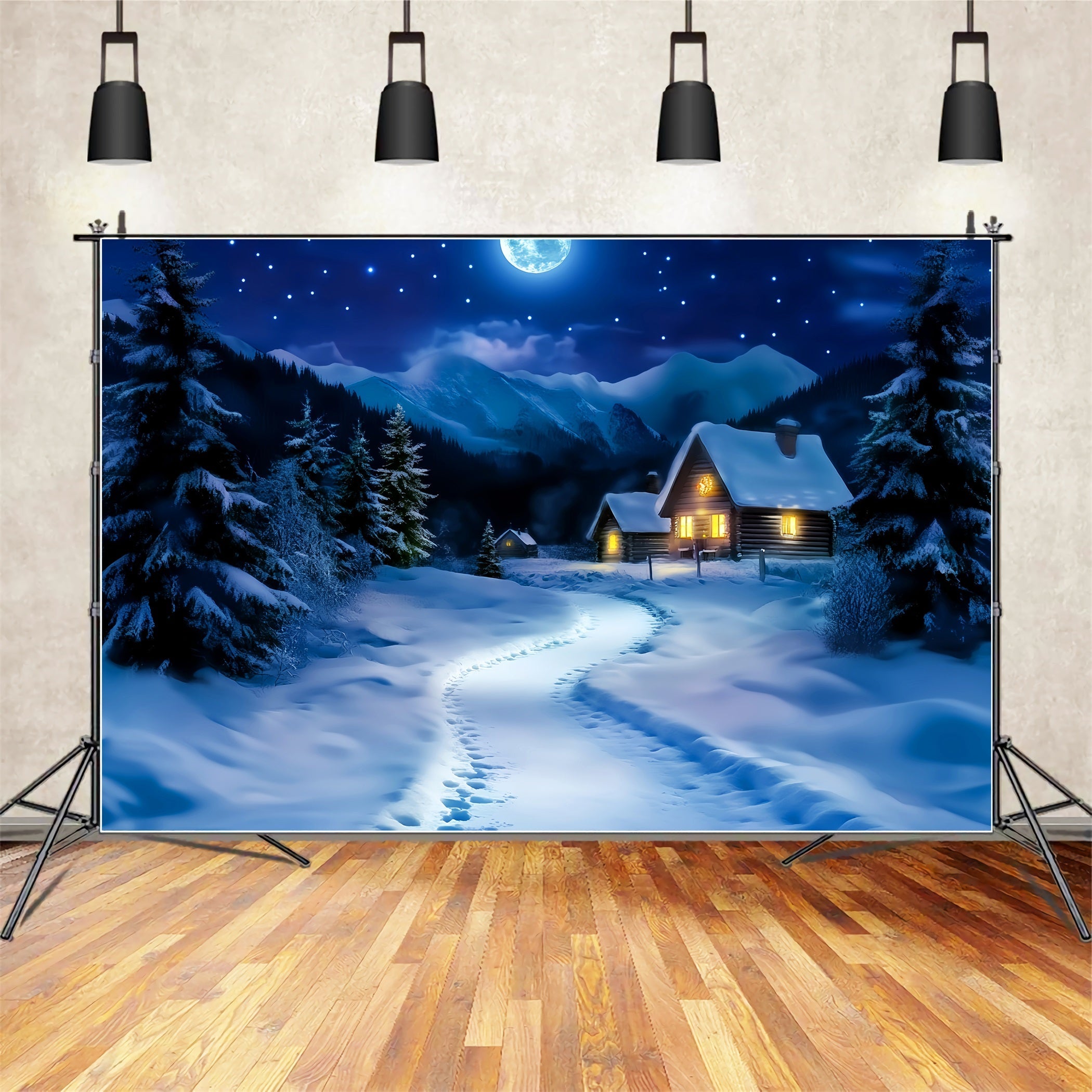 Toile de fond Hiver Chemin de Cabane Enneigé au Clair de Lune LXX58-244
