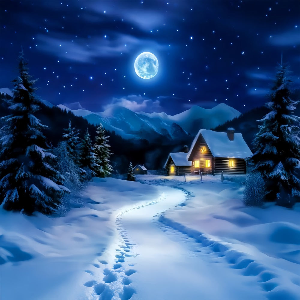 Toile de fond Hiver Chemin de Cabane Enneigé au Clair de Lune LXX58-244