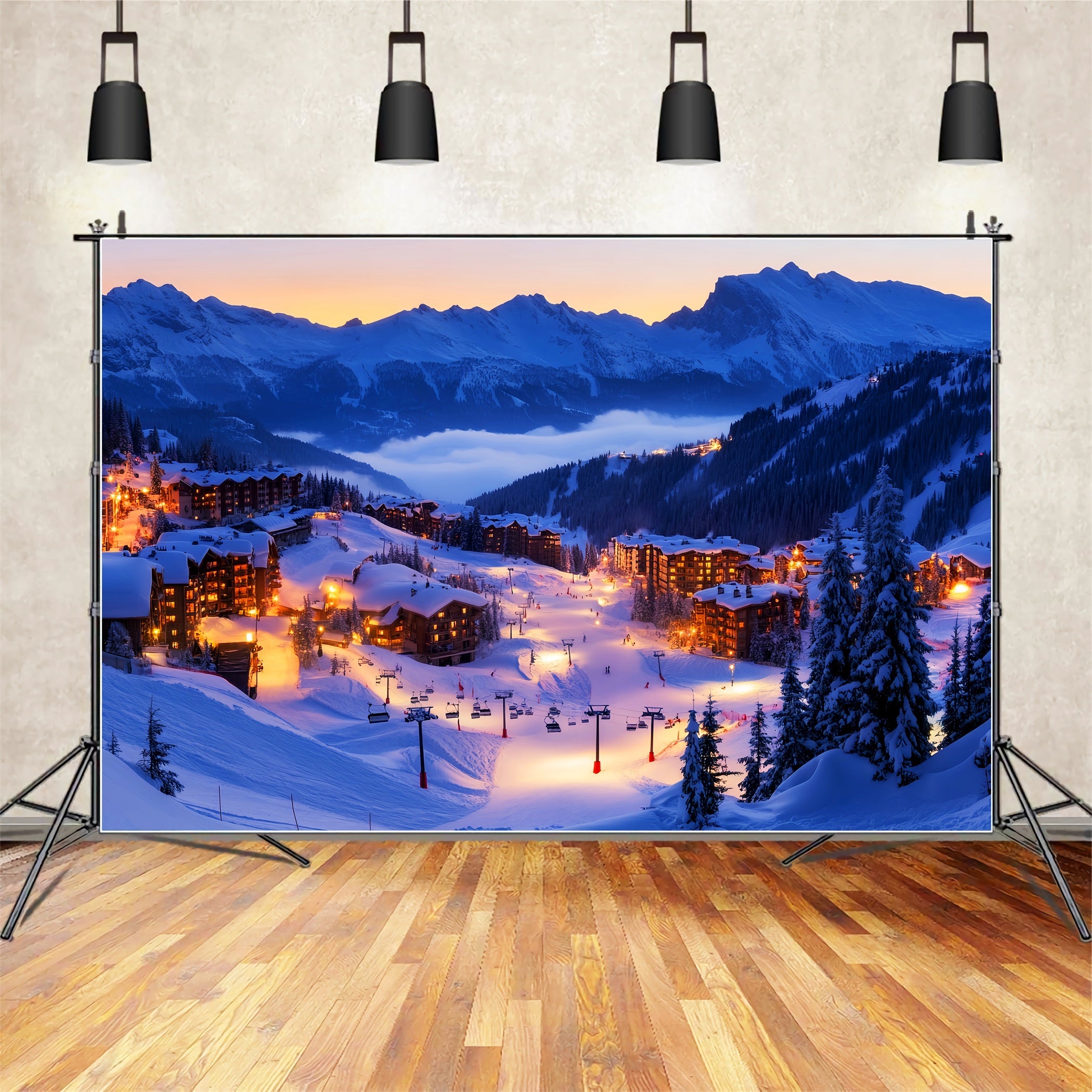 Toile de fond Hiver Village de Ski Alpin Illuminé LXX58-245