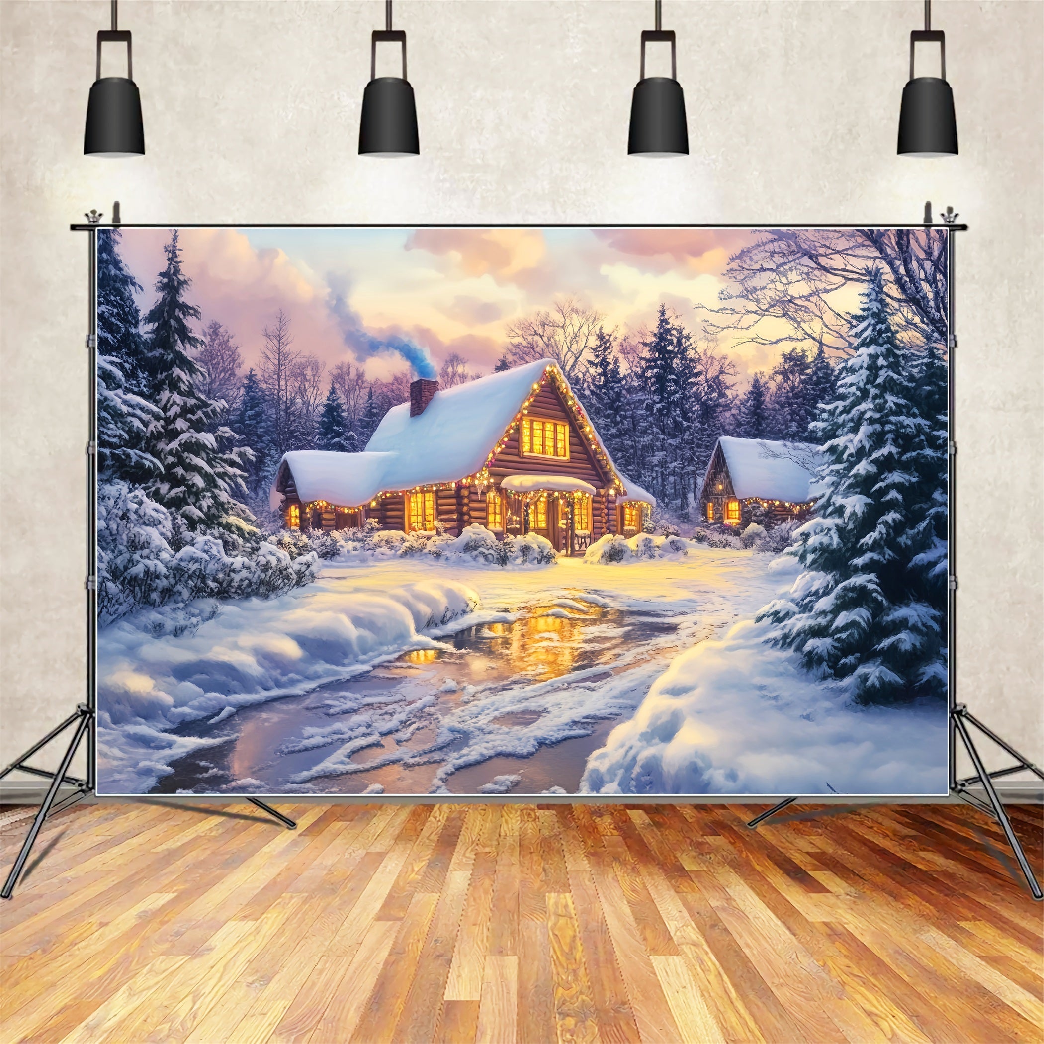 Toile de fond Photo Hiver Cabane en Rondins Lueur Dorée LXX58-246