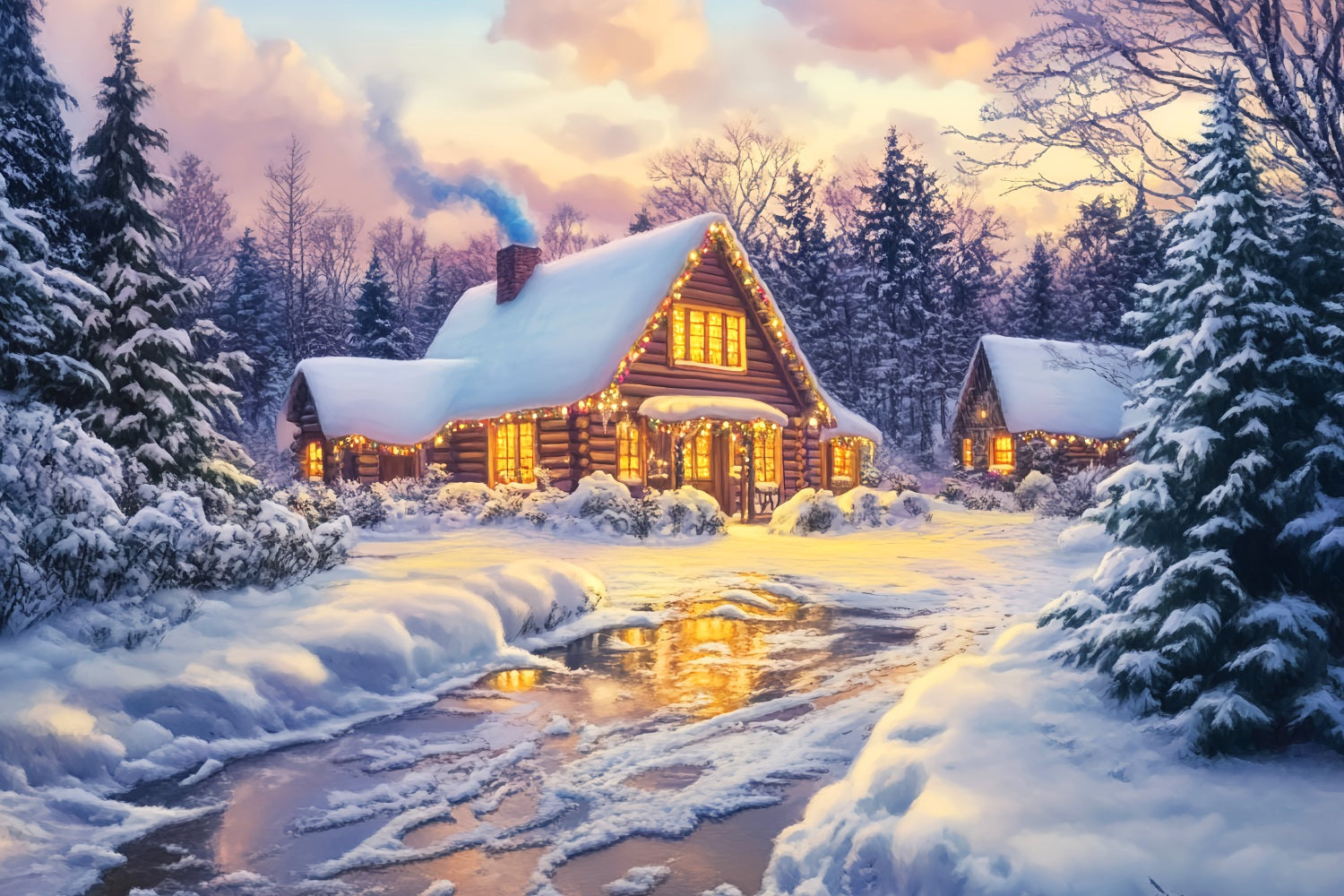 Toile de fond Photo Hiver Cabane en Rondins Lueur Dorée LXX58-246