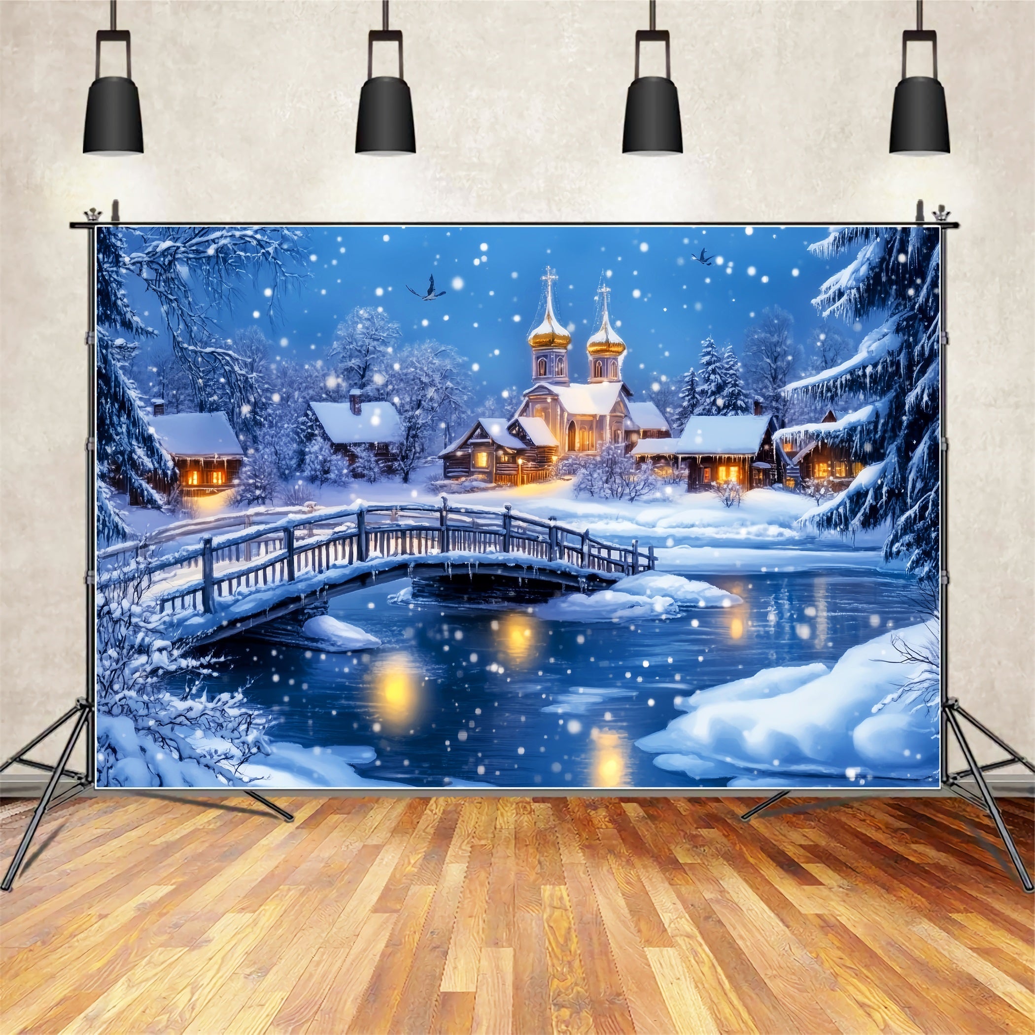 Toile de fond Hiver Pont Enneigé Église du Village LXX58-247