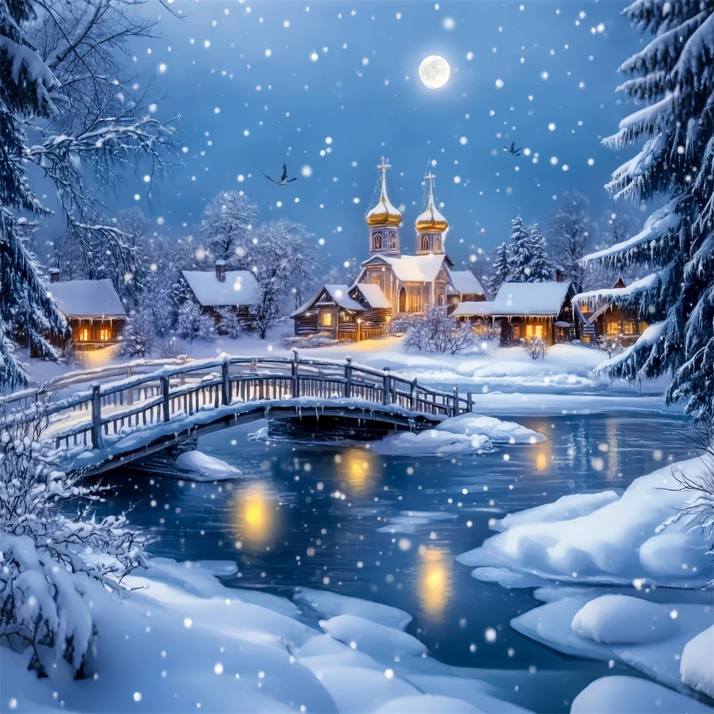 Toile de fond Hiver Pont Enneigé Église du Village LXX58-247