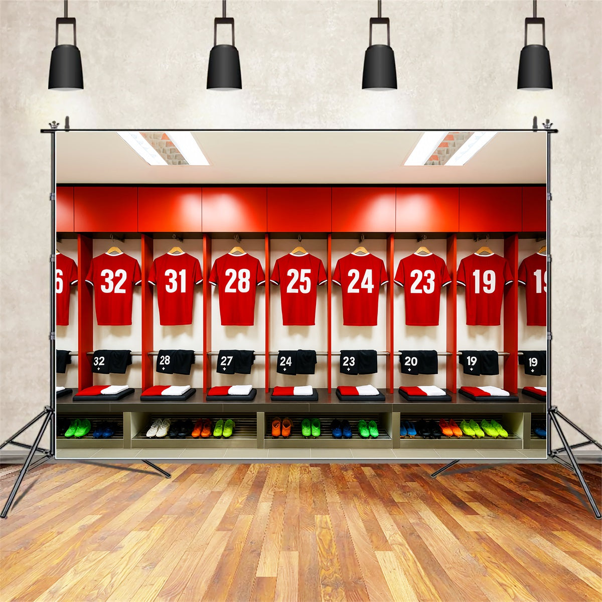 Fonds football vestiaire avec rangée de maillots rouges LXX59-325
