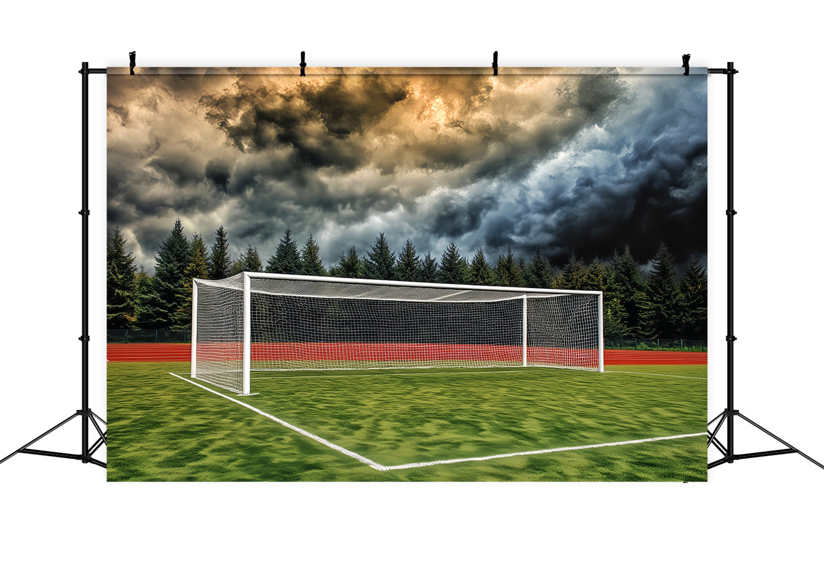 Toiles de fond pour le football Toile de fond pour terrain de football avec but et ciel orageux LXX59-332
