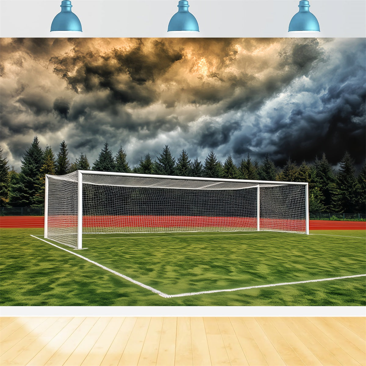 Toiles de fond pour le football Toile de fond pour terrain de football avec but et ciel orageux LXX59-332