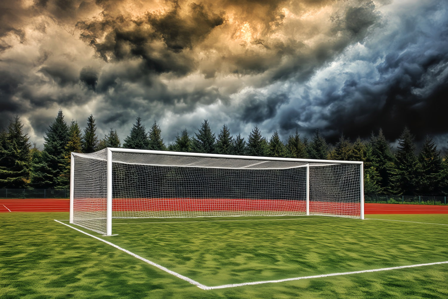 Toiles de fond pour le football Toile de fond pour terrain de football avec but et ciel orageux LXX59-332