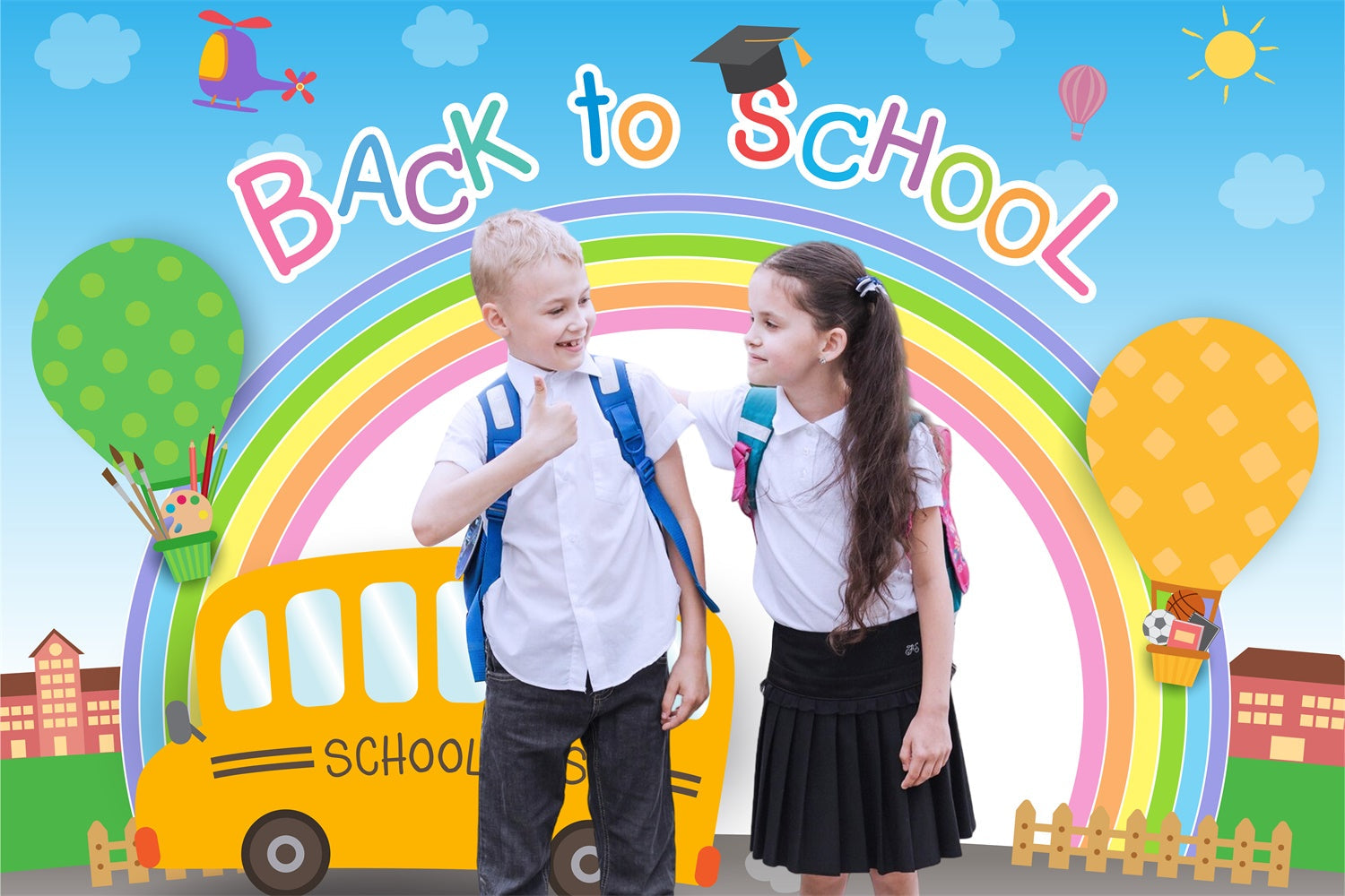 Toile de fond Retour à l’École Personnalisable Bus Arc-en-Ciel Joyeux LXX6-34