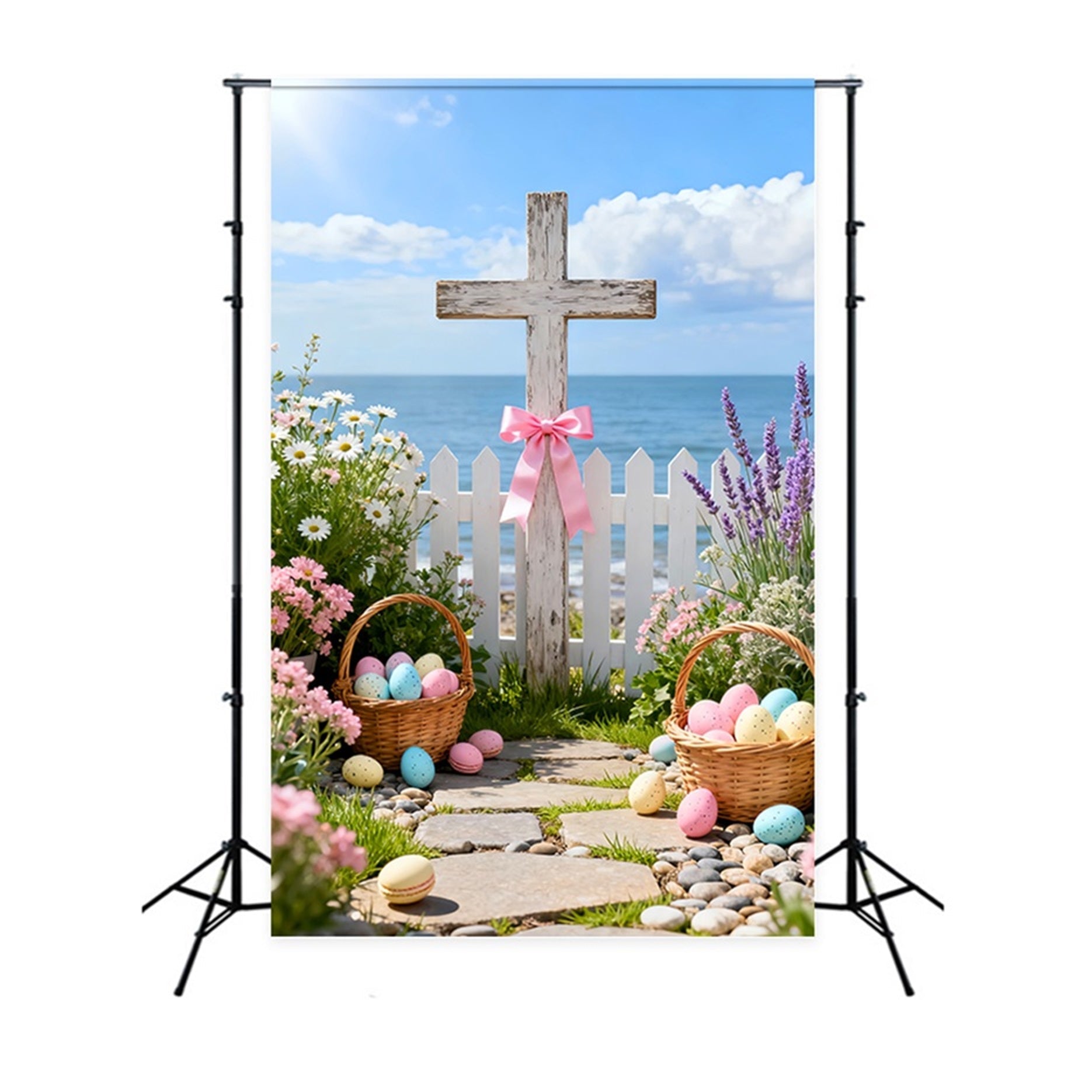 Fond de Pâques Panier Œufs Bouquet Fleurs Sauvages LXX61-100