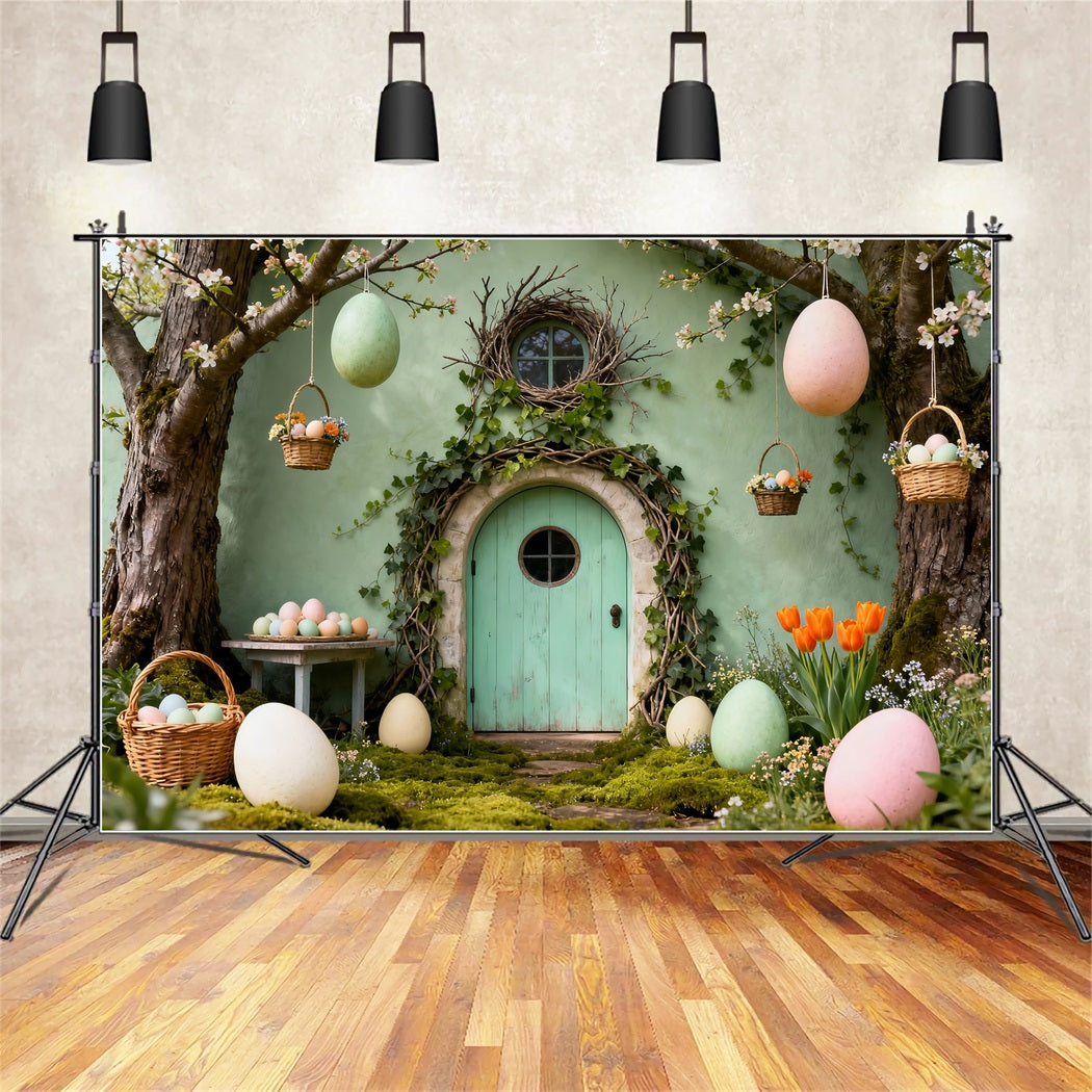 Toile de fond Pâques Porte Verte Panier Œufs Suspendus LXX61-110