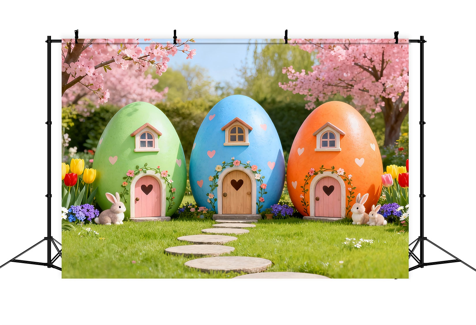 Toile de fond Pâques Maison Mignonne Lapin Fleurs Cerisier Tulipees LXX61-114