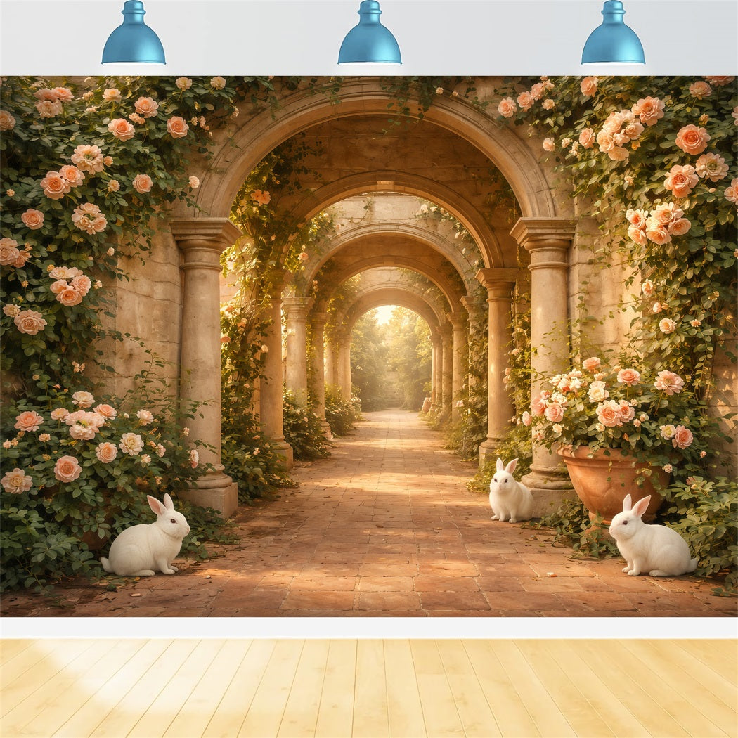 Fond Photo Pâques Arche Roses Lapin Chemin Pierre LXX61-117