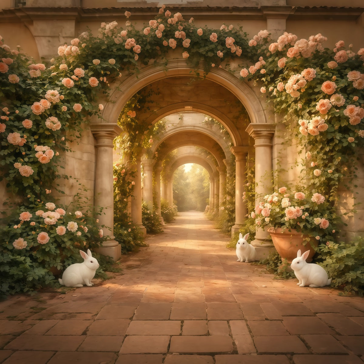 Fond Photo Pâques Arche Roses Lapin Chemin Pierre LXX61-117