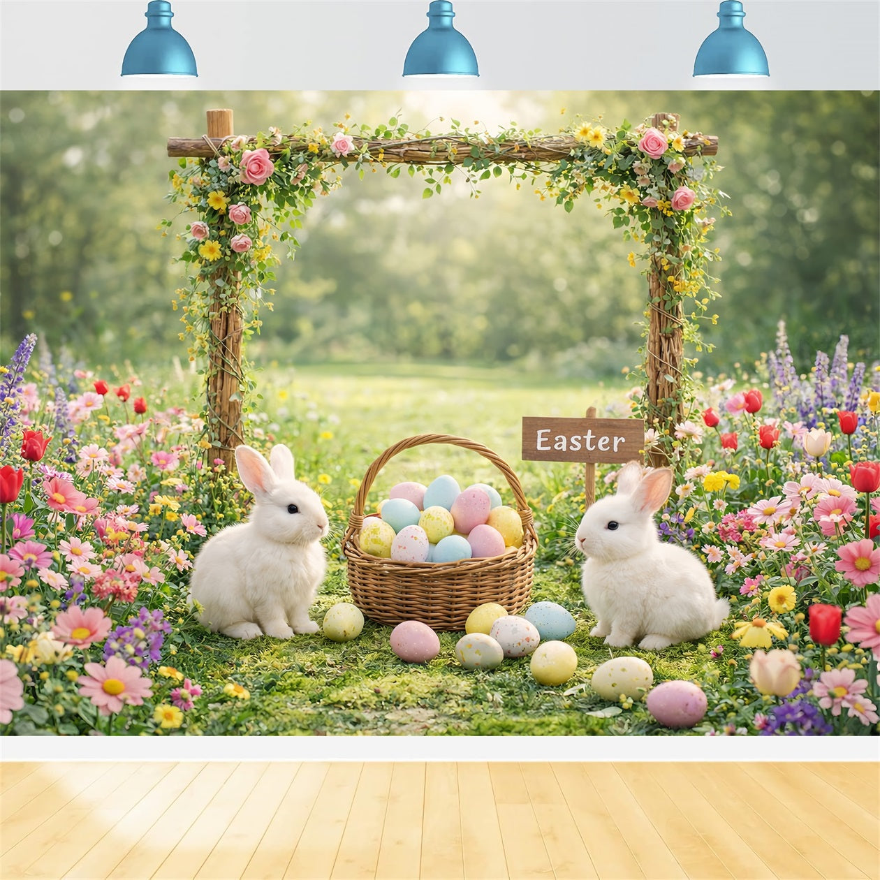Toile de fond Pâques Arche Jardin Floral Lapin Œufs LXX61-118